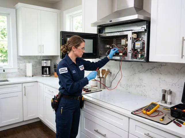 Appliance Repair Hero technician testing an over-the-range microwave in a Arco, ID kitchen